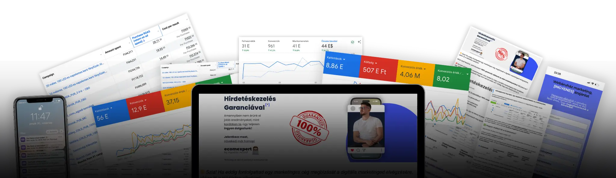 Ecomexpert dashboard és kreatív kollázs